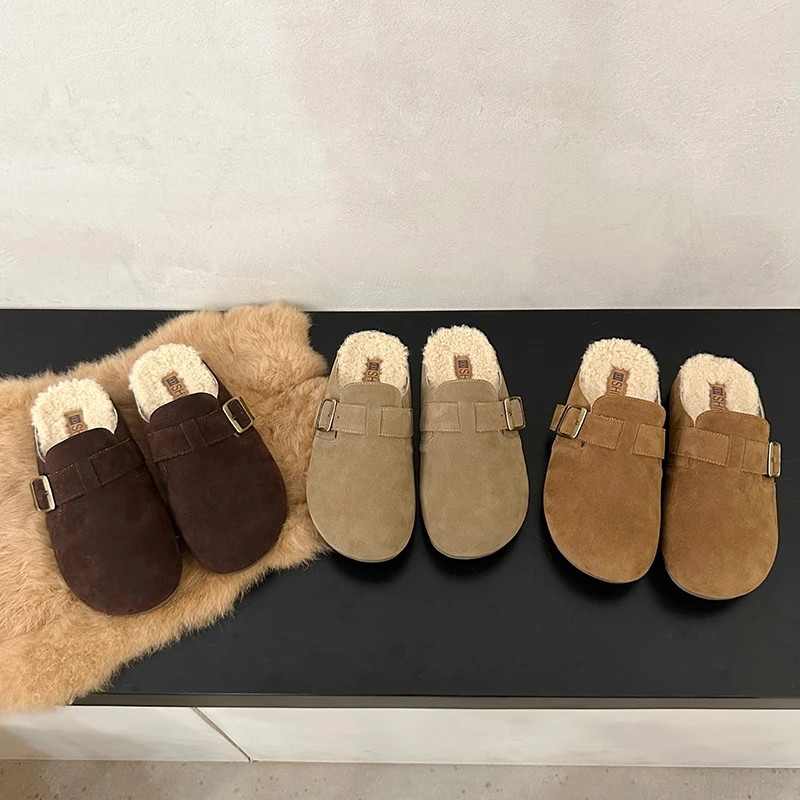 Bebealy Fashion Fur Clogs Slippers for Women Winter Fluffy Cork Insole Plush Slippers with Arch Support Furry Suede Mules Shoes 2