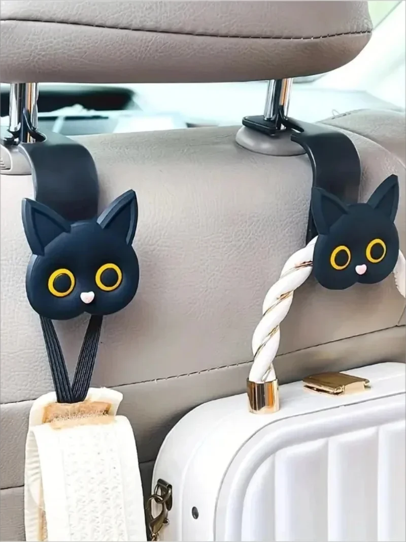 2pcs Adorable 3D Cartoon Cat Car Seat Headrest Hooks Universal Vehicle Storage Organizer for Handbags Purses Coats