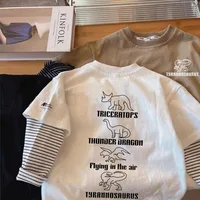 2025 Spring and Autumn Children's Long Sleeve Tees Fake Two Piece Girl's Sweatershirt 1-7Y Boys Casual Loose Pullover Dino Tops 2