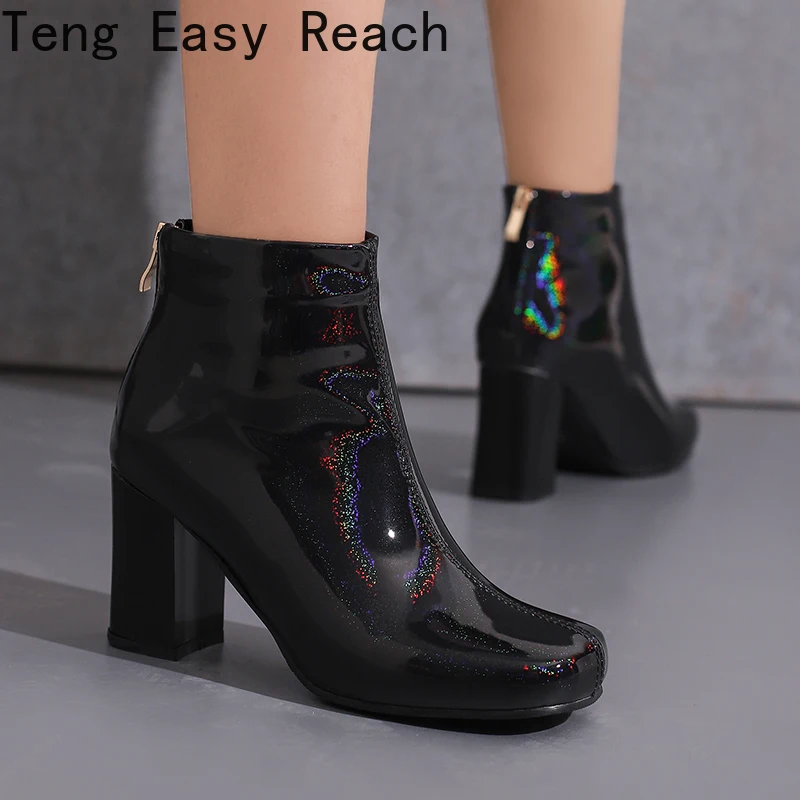 Black Green Rose Red Plus Size 33-48 New Women's Ankle Boots Fashion Patent Leather Back Zipper Women's Square Boots 2023
