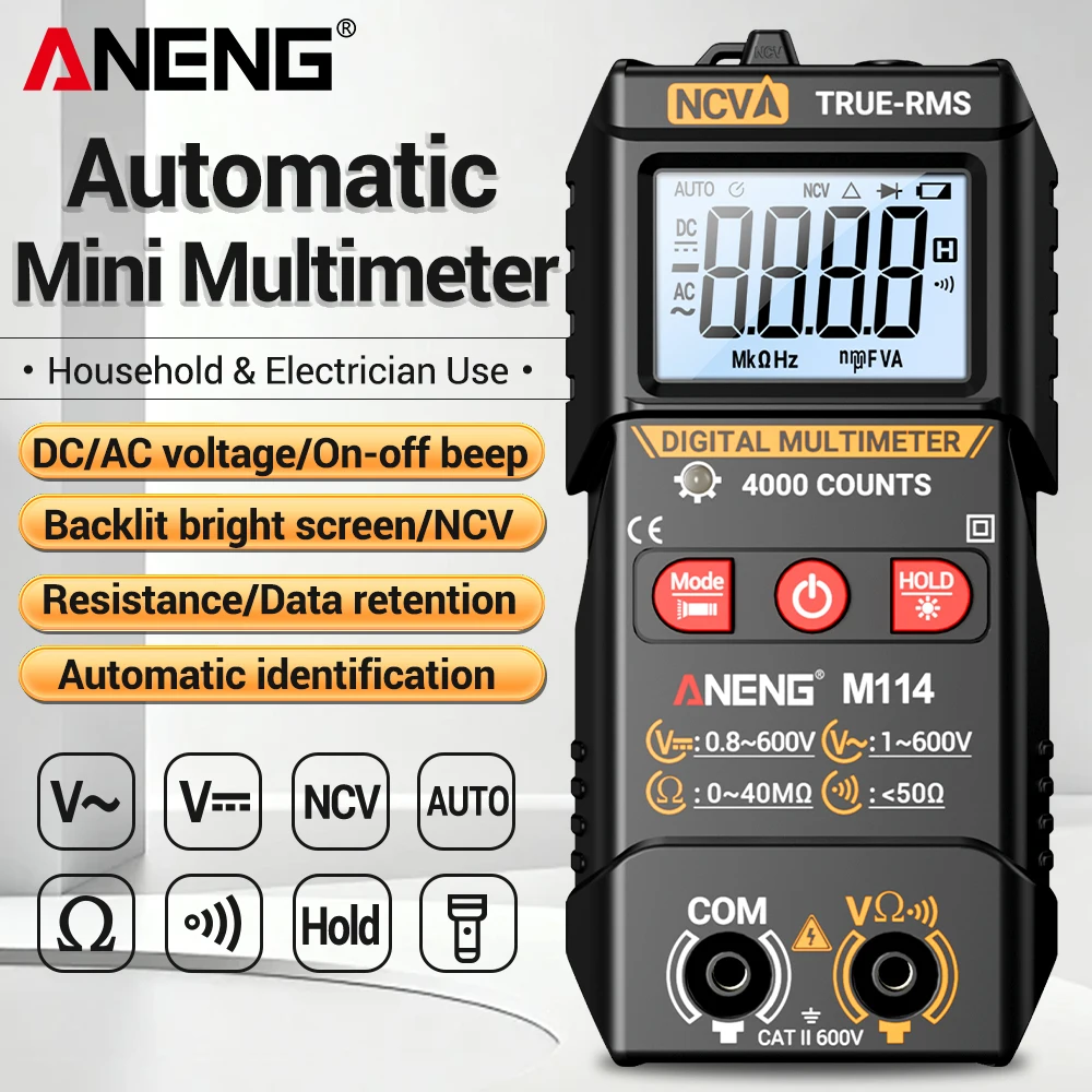 Multimètre numérique ANENG M114 4000 comptes - Testeur AC/DC NCV