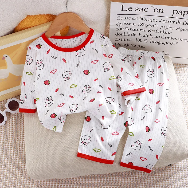 2024 New Children's Pure Cotton Home Clothes Set Boys Girls Three-quarter Sleeve Pajamas Thin Air-conditioned Clothes