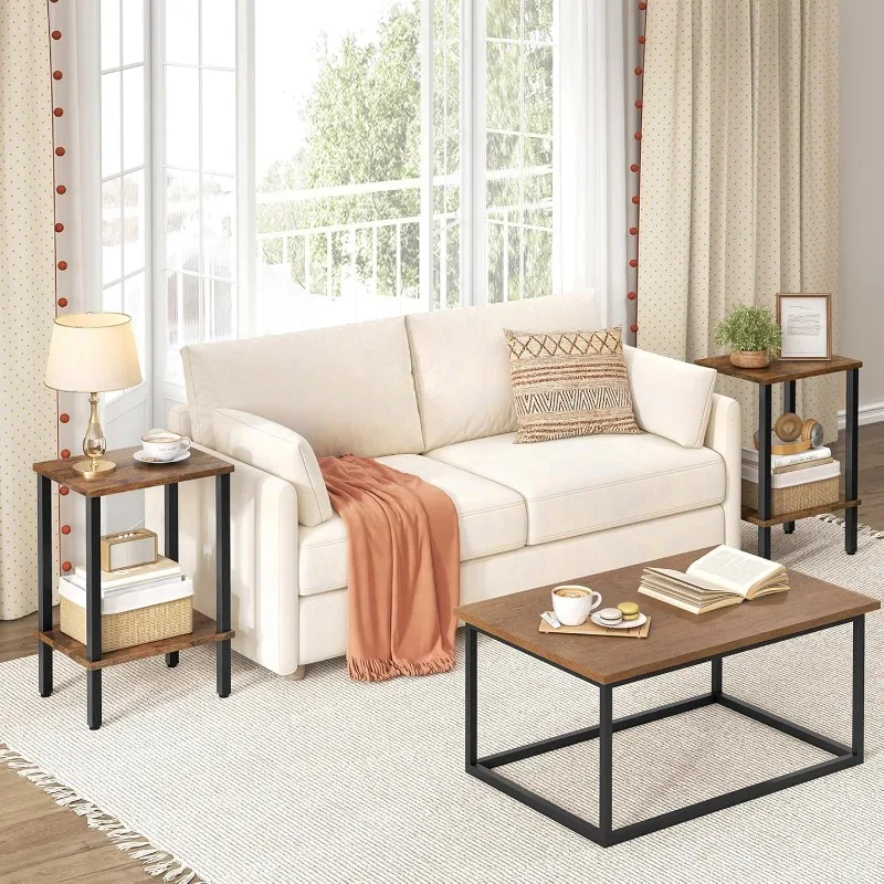 End Table Set of 2, Narrow Side Table, Small Nightstand, 2-Tier Sofa Table with Storage Shelf for Small Spaces, Living Room 2