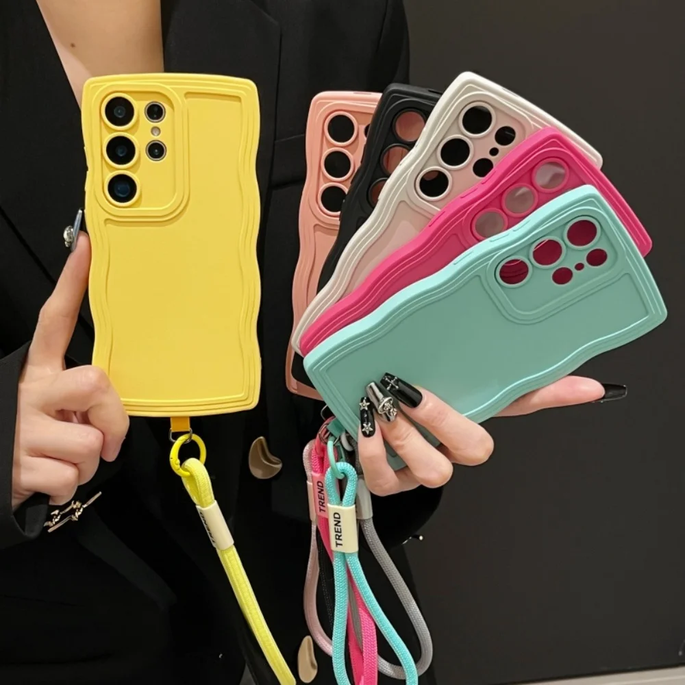 Fashion Wave Border Wrist Strap Case with Lanyard - Soft TPU Cover