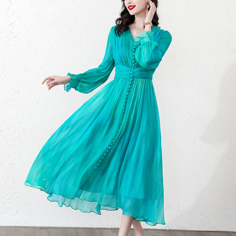 

Женское свободное платье-макси в стиле Хепберн, синее платье с длинным рукавом, роскошное платье в французском стиле, 2023