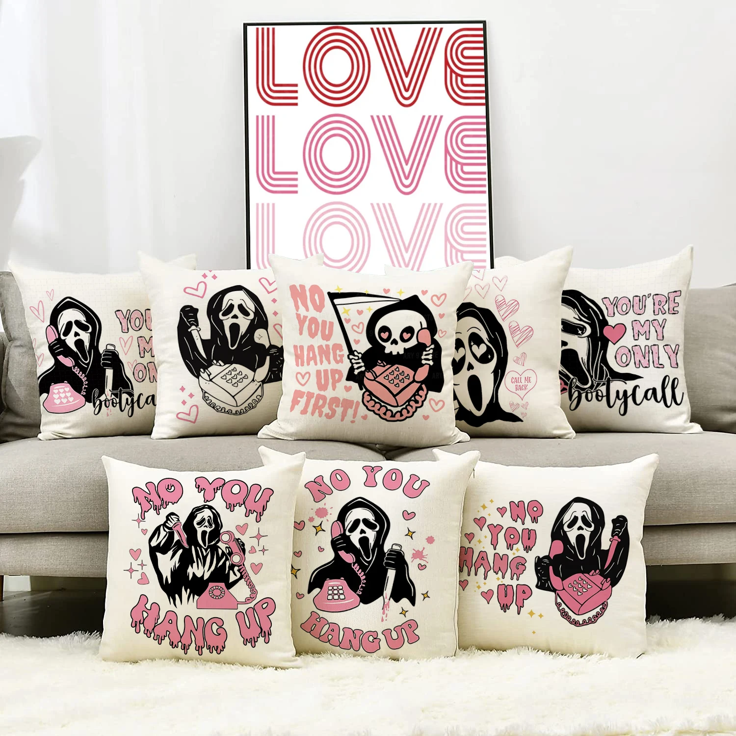 

16/18/20/24"inFunny Pink Ghost Face Linen Throw Cushion Cute Heart Valentine Pillow Cover Kawaii Death Pillowcase For Home Decor