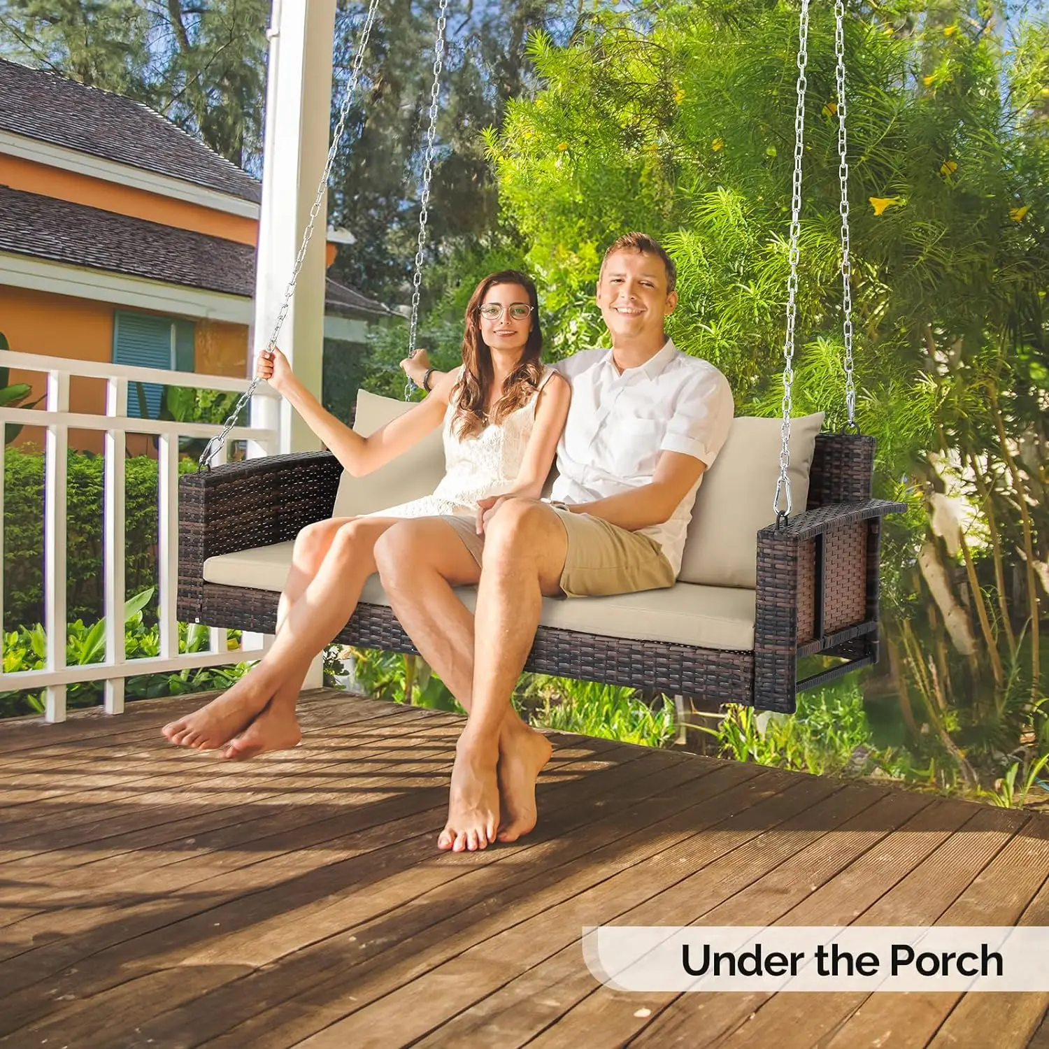 

5 FT Rattan Porch Swing Outdoor Support 800 LBS with Cushions & Adjustable Chains, Patio Wicker Swing Bench Chair