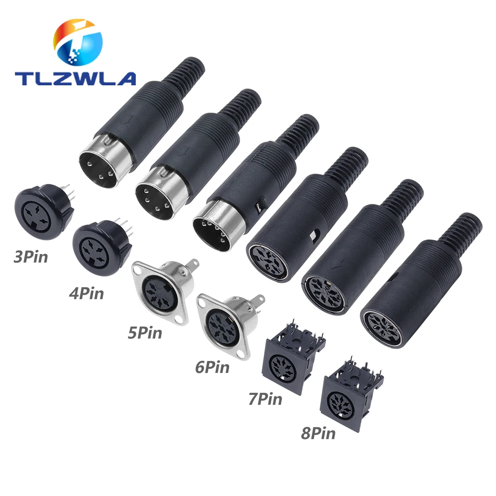 Solder Connector DIN 3 4 5 6 7 8 Pin DIN Male Female Plug Plastic Handle Female Socket Hulled Panel Mount Chassis