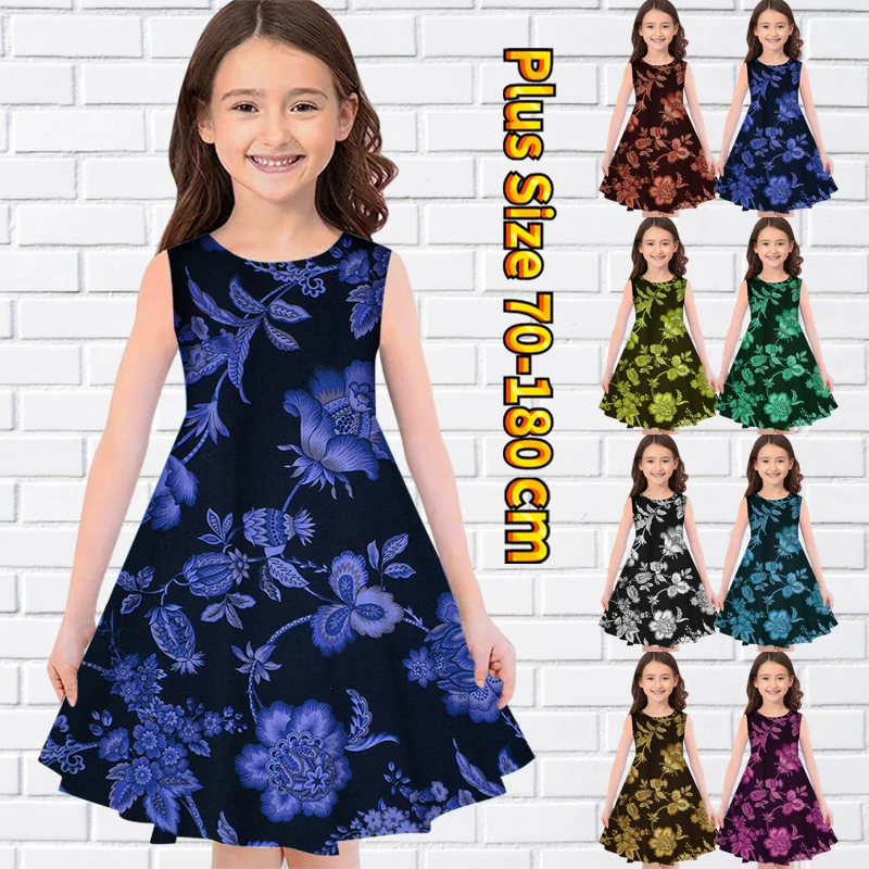

2022 New Summer Loose Dress Little Girl Knee-length Skirt Sleeveless Lovely Skirt Round Neck Flower Printed Princess Dress