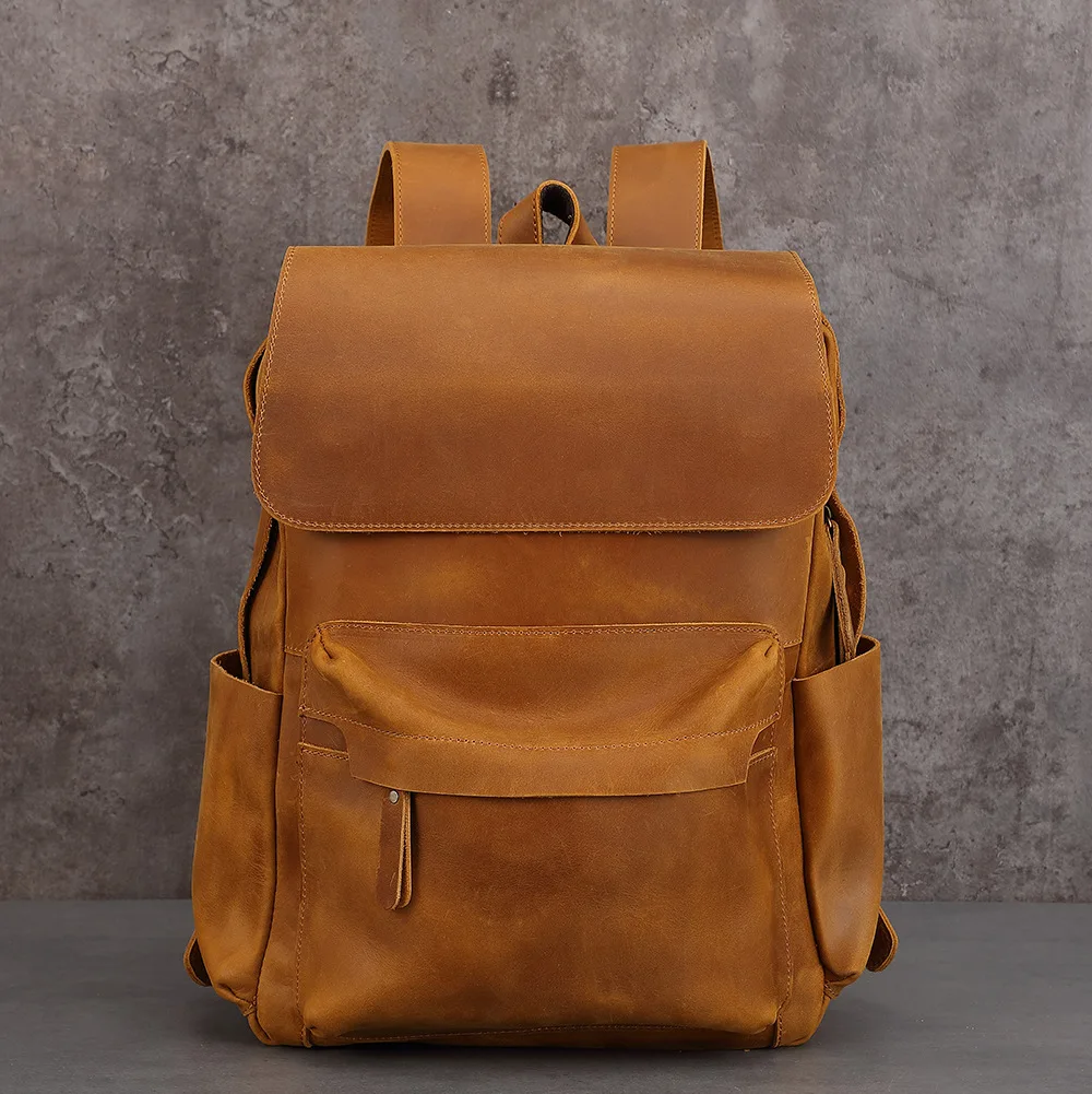 Vintage Crazy Horse Leather Backpack for Men, Large Capacity Laptop Bag