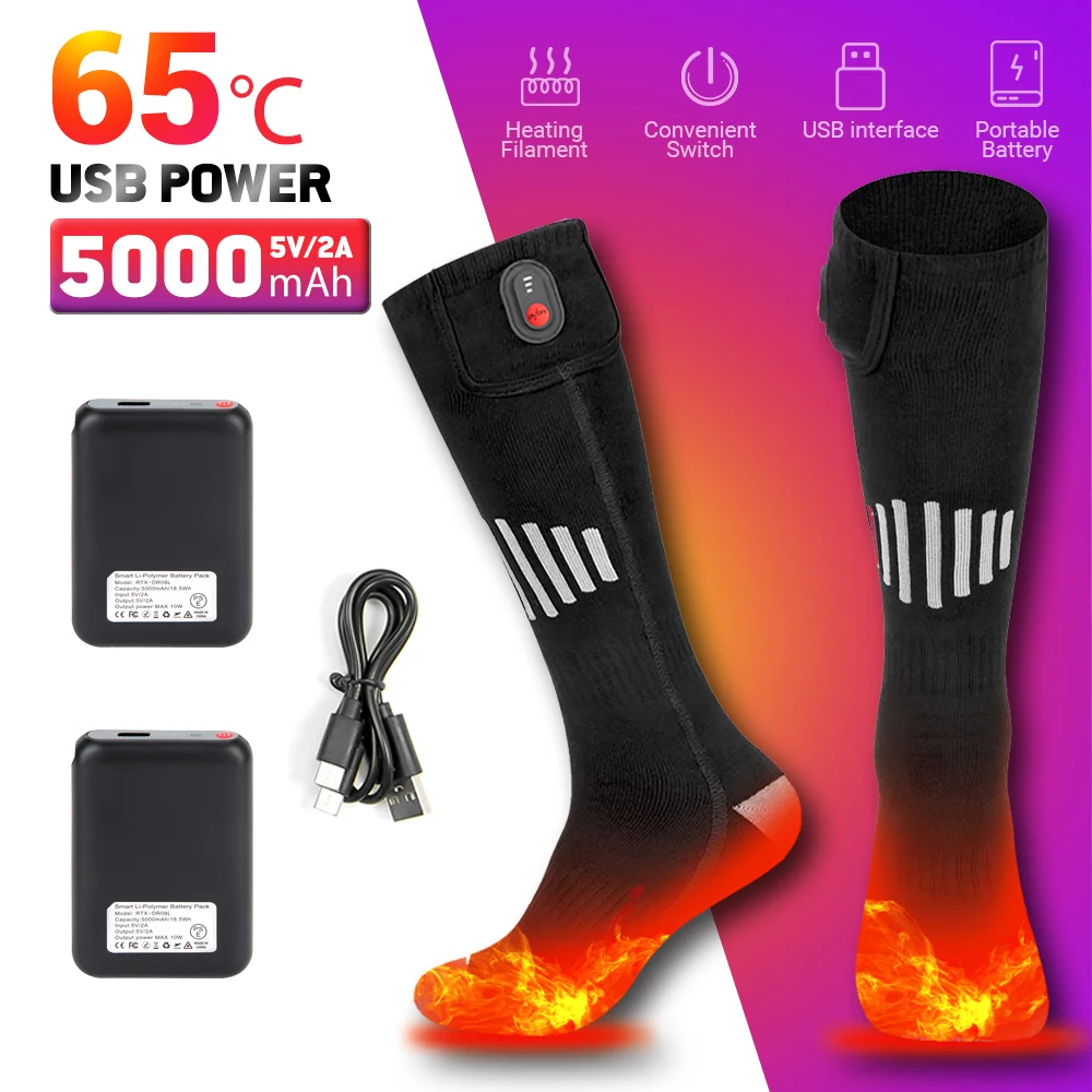 Heated Socks Winter Warmth 5000mAh USB Rechargeable Heating Socks Motorcycle Outdoor Heated Boots Snowmobile Skiing Sock 65℃ motorcycle heated socks