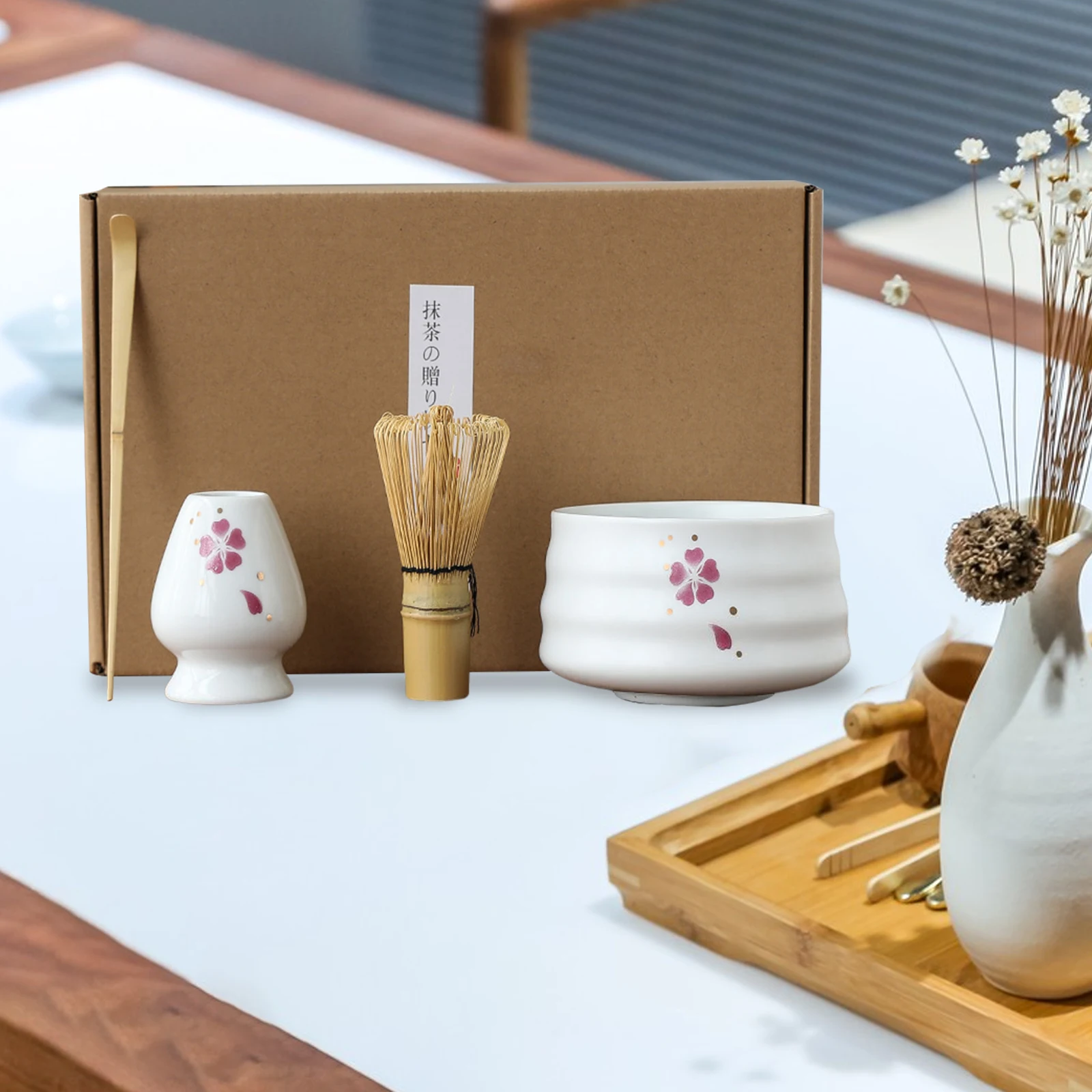 4 in 1 Traditional Japanese Matcha Set Handmade Ceramic and Bamboo for Japanese Tea Utensils Tools Gifts