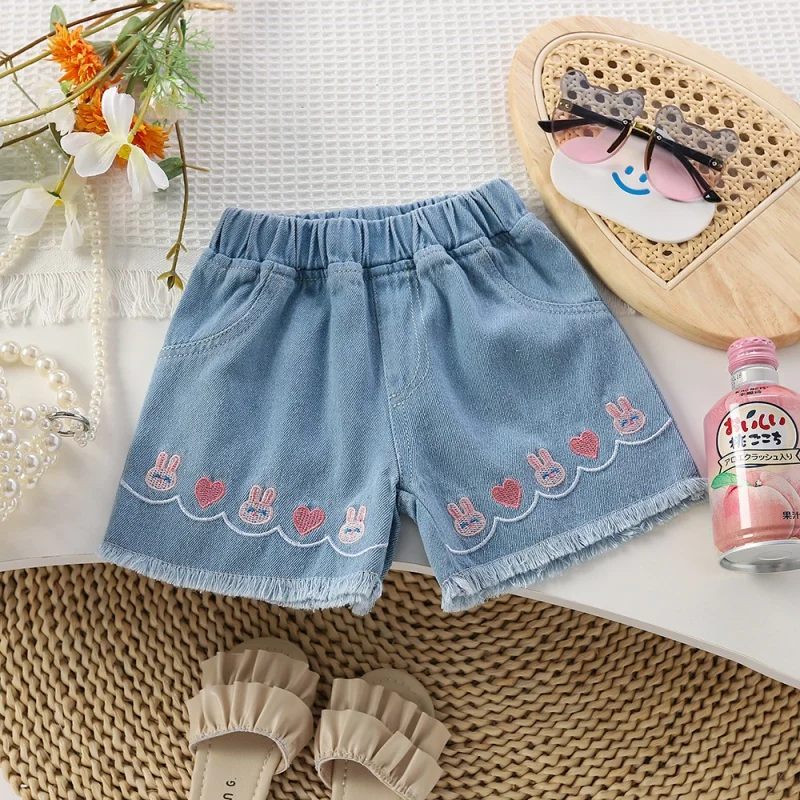 

Girls' Summer Cartoon Casual Shorts New Baby Girls' Embroidered Bunny Sports Denim Shorts-XMS