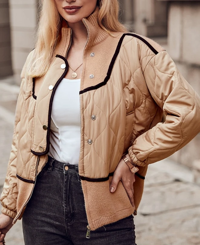 Loose Splice Cotton Cardigans Jacket Tops 2023 Autumn Winter Spring New Contrast Puffer Jacket Coat Elegant Fall Outfits Women