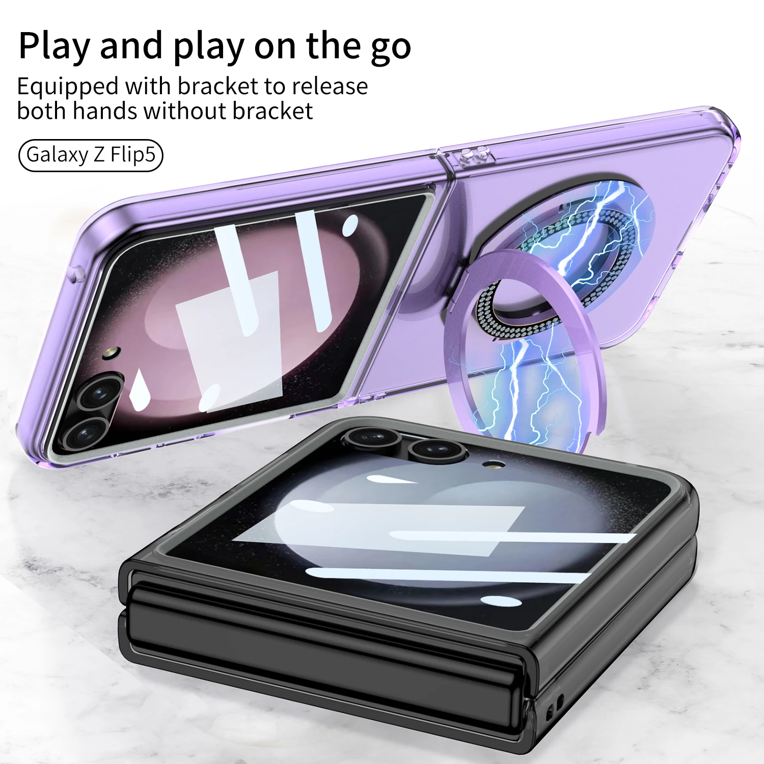 For Samsung Galaxy Z Flip 5 Case Skin Friendly Matte Magnetic Folding Ring Bracket Wireless Charging Large Mirror Film Hard Case