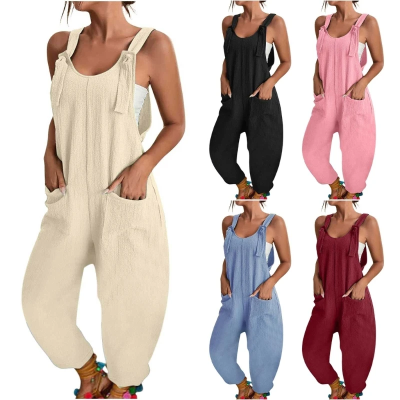 

M89E 2023 Women's Summer Jumpsuits Casual Sleeveless Tie Straps Jumpsuit High Waist Baggy Overalls Romper with Pockets Gift