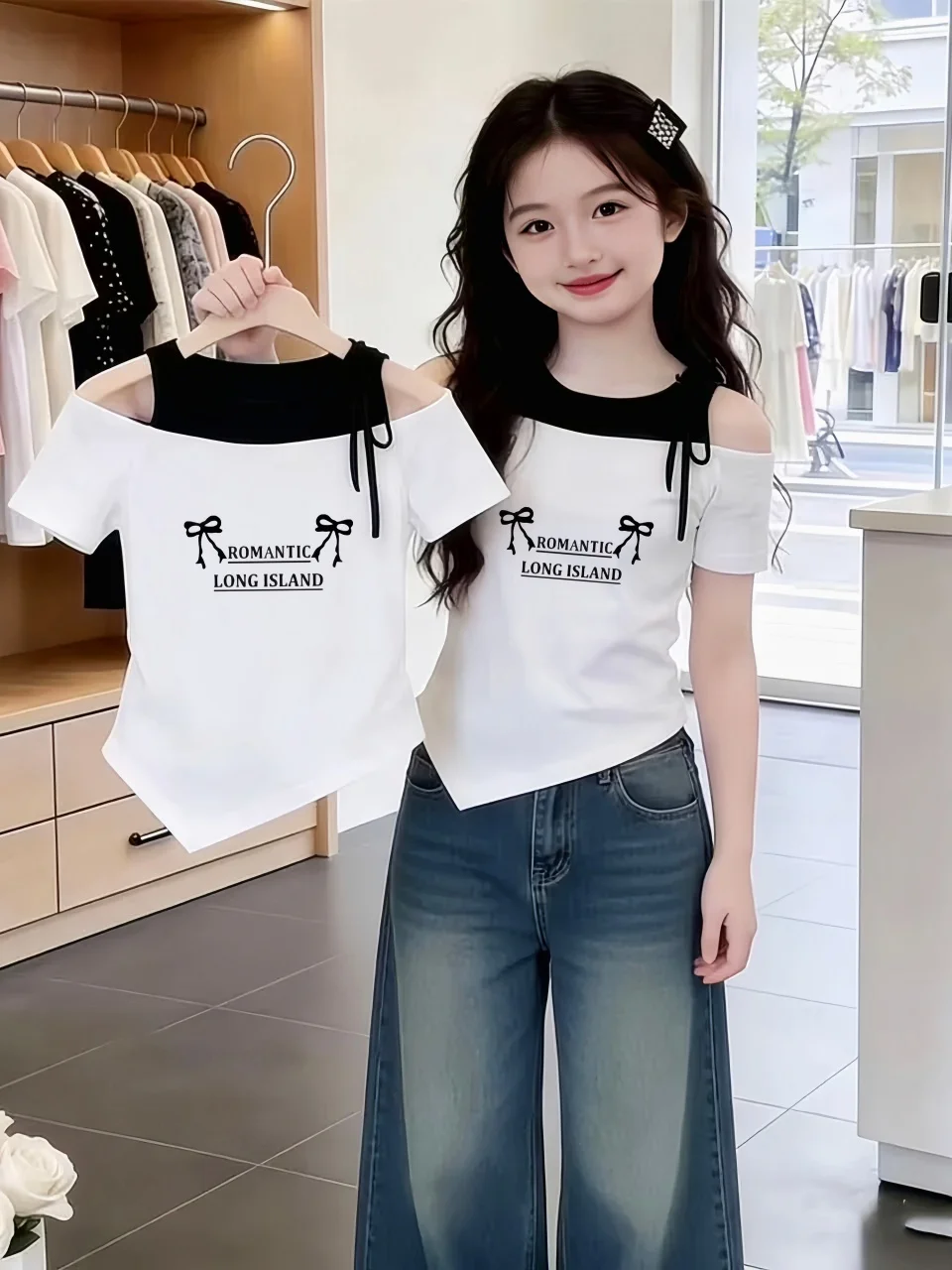아메리칸 스타일 레트로 핫걸 페이크 투피스 반팔 티셔츠 여름 레이어링 나비 매..