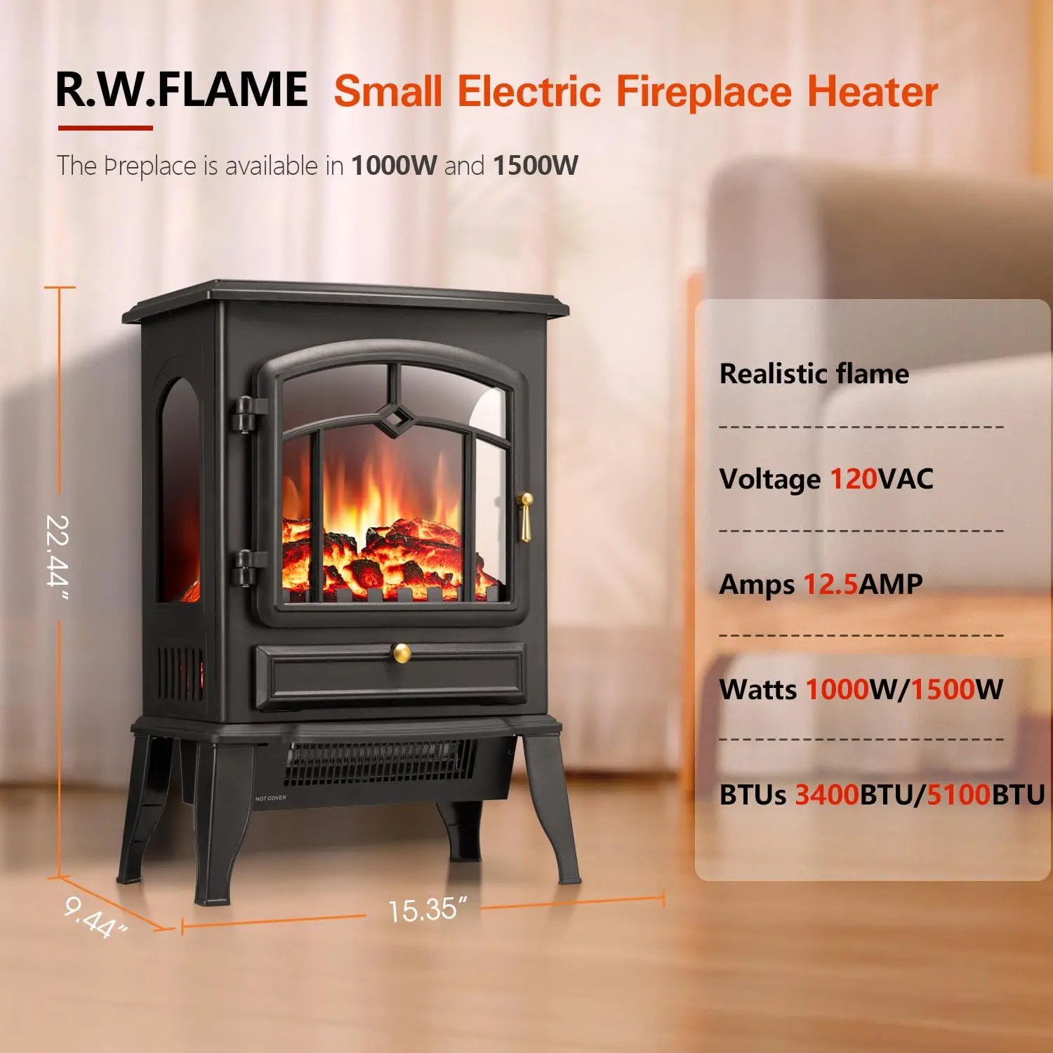 Electric Fireplace Stove Heater with Thermostat Control, 15" Cathedral Stylish Small Fireplace, 3D Realistic Flame Effects 6