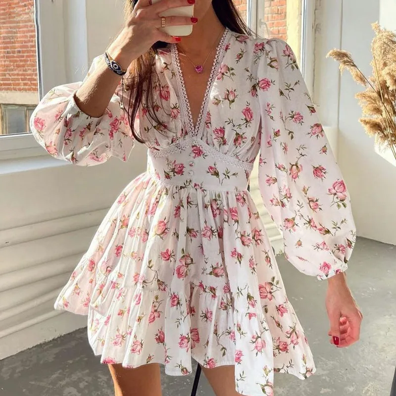 nova moda feminina floral impressão mini vestido de verão manga longa decote em profundo cintura alta vestido de linha estilo rua venda quente