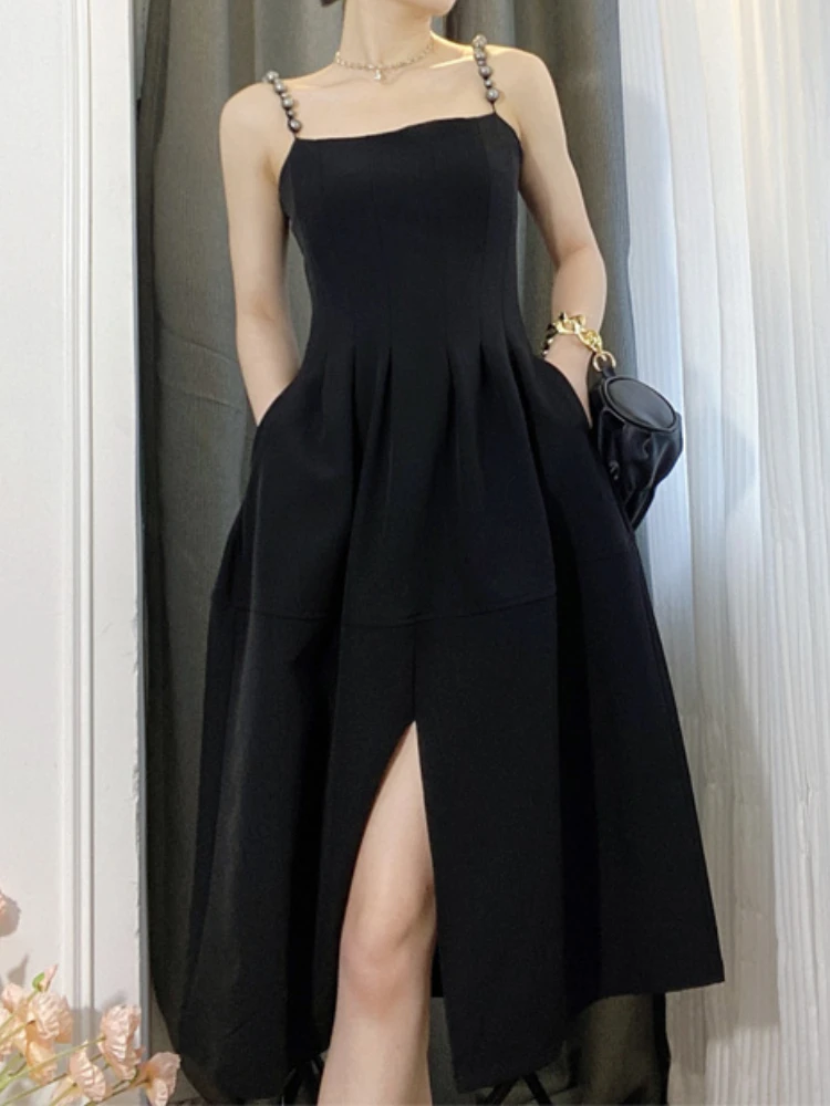 

Elegant Casual Strap Midi Woman Summer Dress Sleeveless Sexy Split Party Club Black Vestidos Female Fashion Evening Clothes