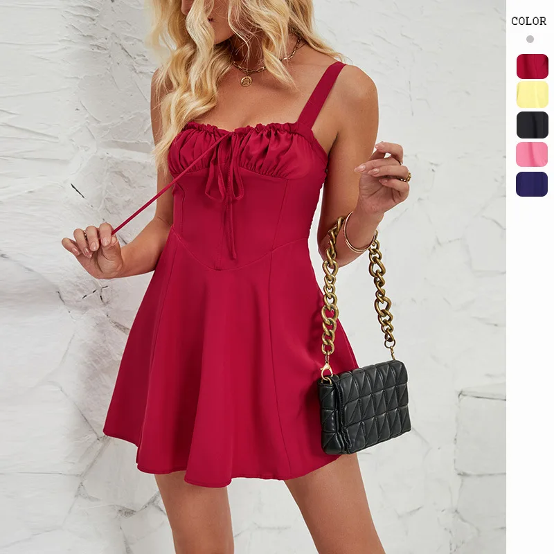 HMR-Summer Tube Top Lace-up Solid Color A Women's Mini Dress Suspender Skirt