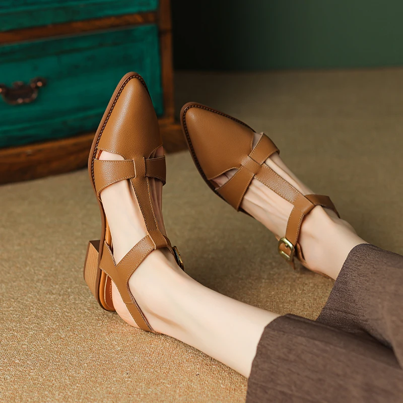 New Women Sandals Pointed Toe Thick Heels Genuine Leather Pumps Office Spring Summer Fashion Concise Slingbacks Shoes Woman