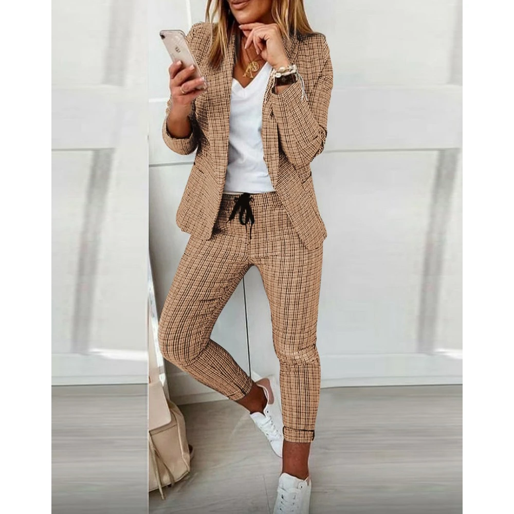 

2024 Women's 2Pcs/Set Long Sleeve Plaid Blazer Pants Set OL Style for Work Open Stitch Drawstring Office Lady Suit Set Clothing