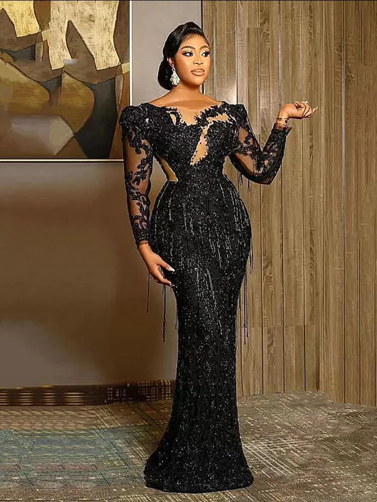 

Black Luxurious Mermaid Trumpet Formal Wedding Guest Evening Prom Dresses Cocktail Lace Beaded Tassel Sheer Neck
