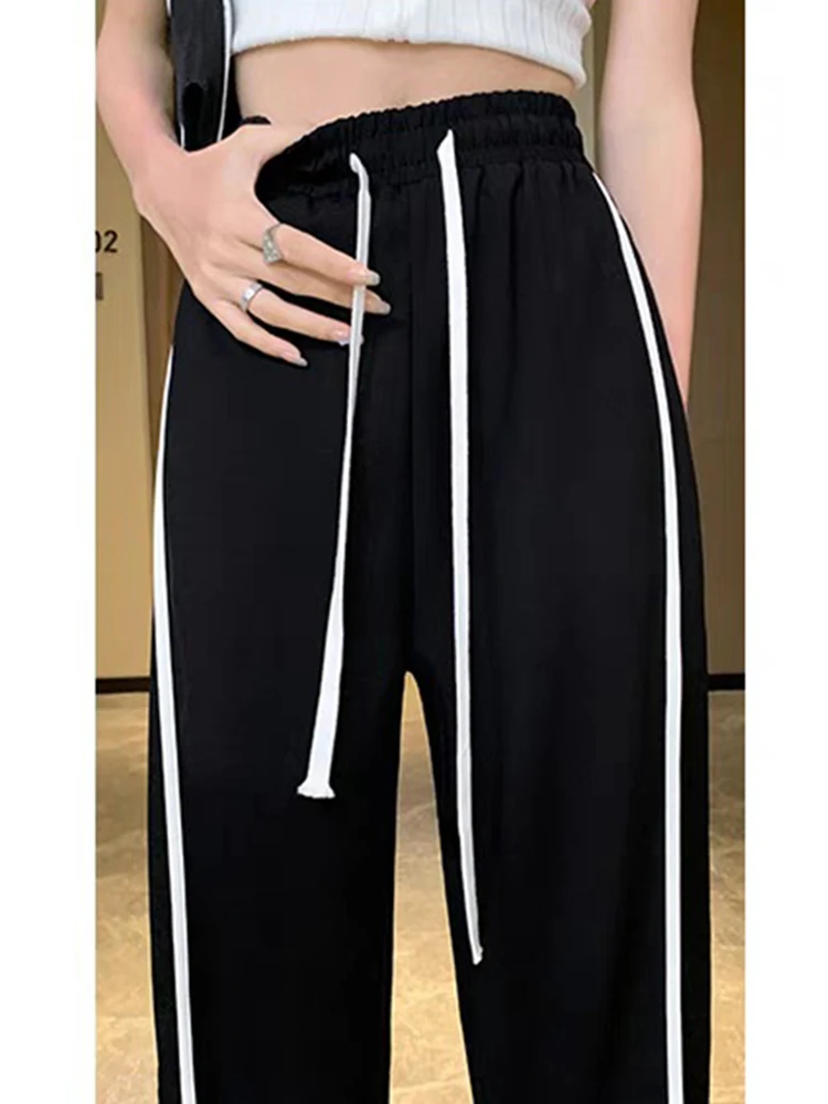 Casual Drawstring Side Stripe Wide Leg Pants Lace Up High Waist Loose Straight Pant Autumn Plush Sweatpants Women's Trousers