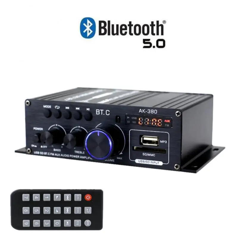 AK380 800W Power Amplifier Audio Karaoke Home Theater Amplifier 2 Channel Bluetooth-compatible Class Amplifier USB/SD AUX Input sub amp