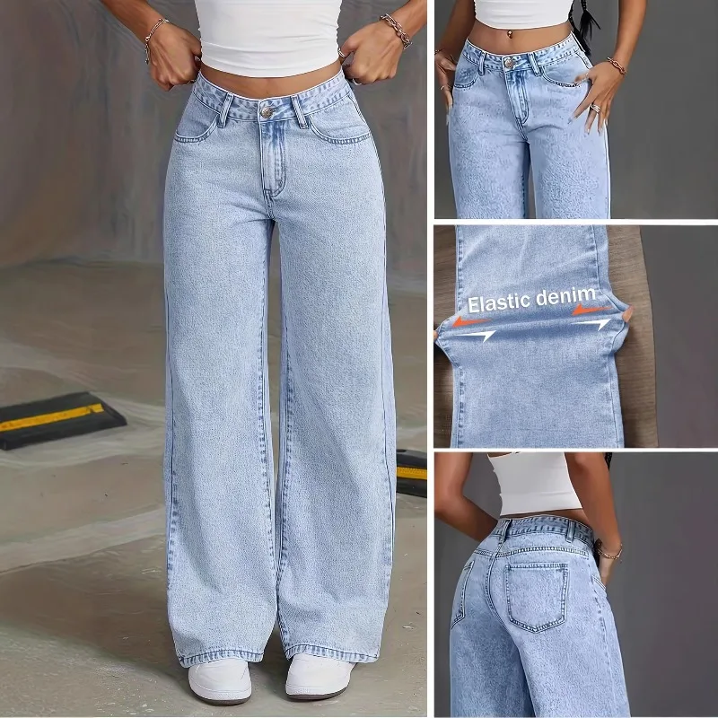 American Women's Blue Washed High-Waisted Straight-Leg Jeans Loose Fashion Front & Back Pockets Jeans Suitable Daily Casual Wear