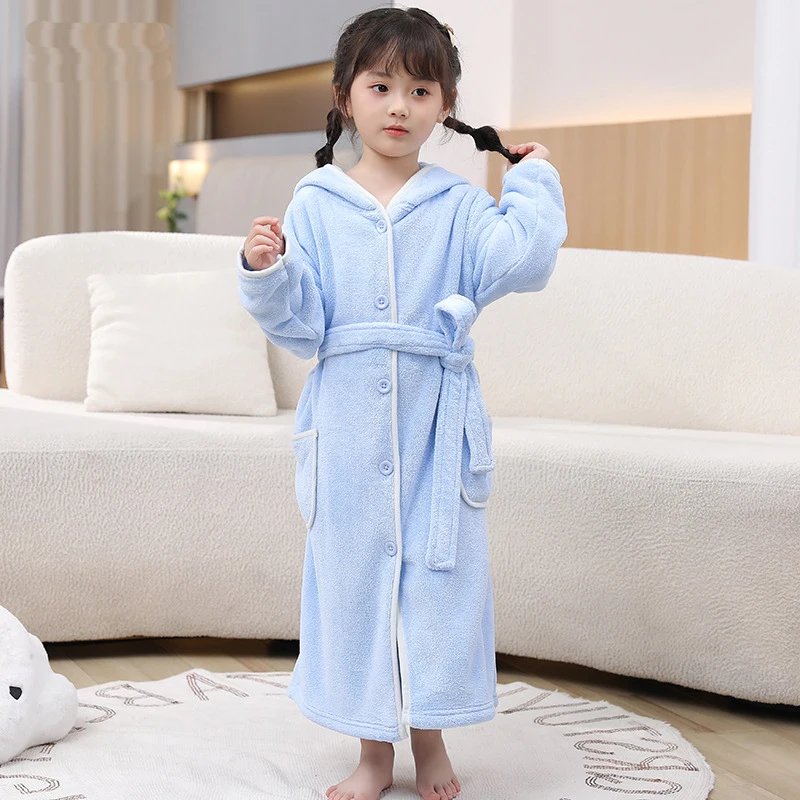 Winter Kids Boys Cartoon Cute Bathrobe Strong Water Absorption Sleepwear Increase and Thicken Hooded Homewear Coral Fleece Robes