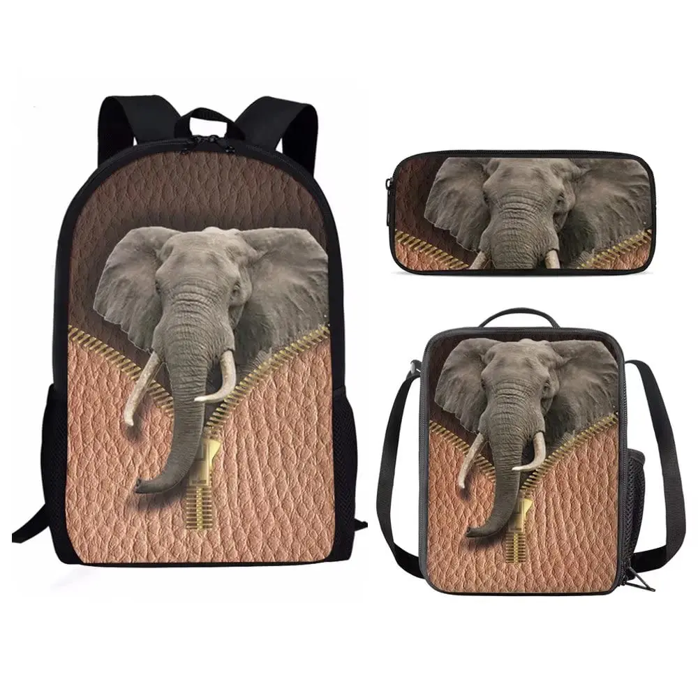 Funny Elephant Floral Graphic Print 3 Piece Set School Bag Teenager Boys Girls Student Book Bag with Lunch Bag and Pencil Bag