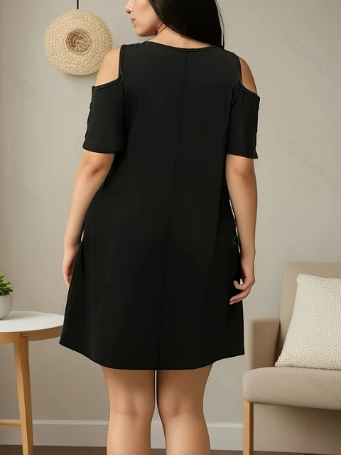 Robe monochrome à col rond pour femmes, vêtements décontractés, grande taille, mode printemps et été, document désactivé 3 Robe monochrome à col rond pour femmes, vêtements décontractés, grande taille, mode printemps et été, document désactivé 3