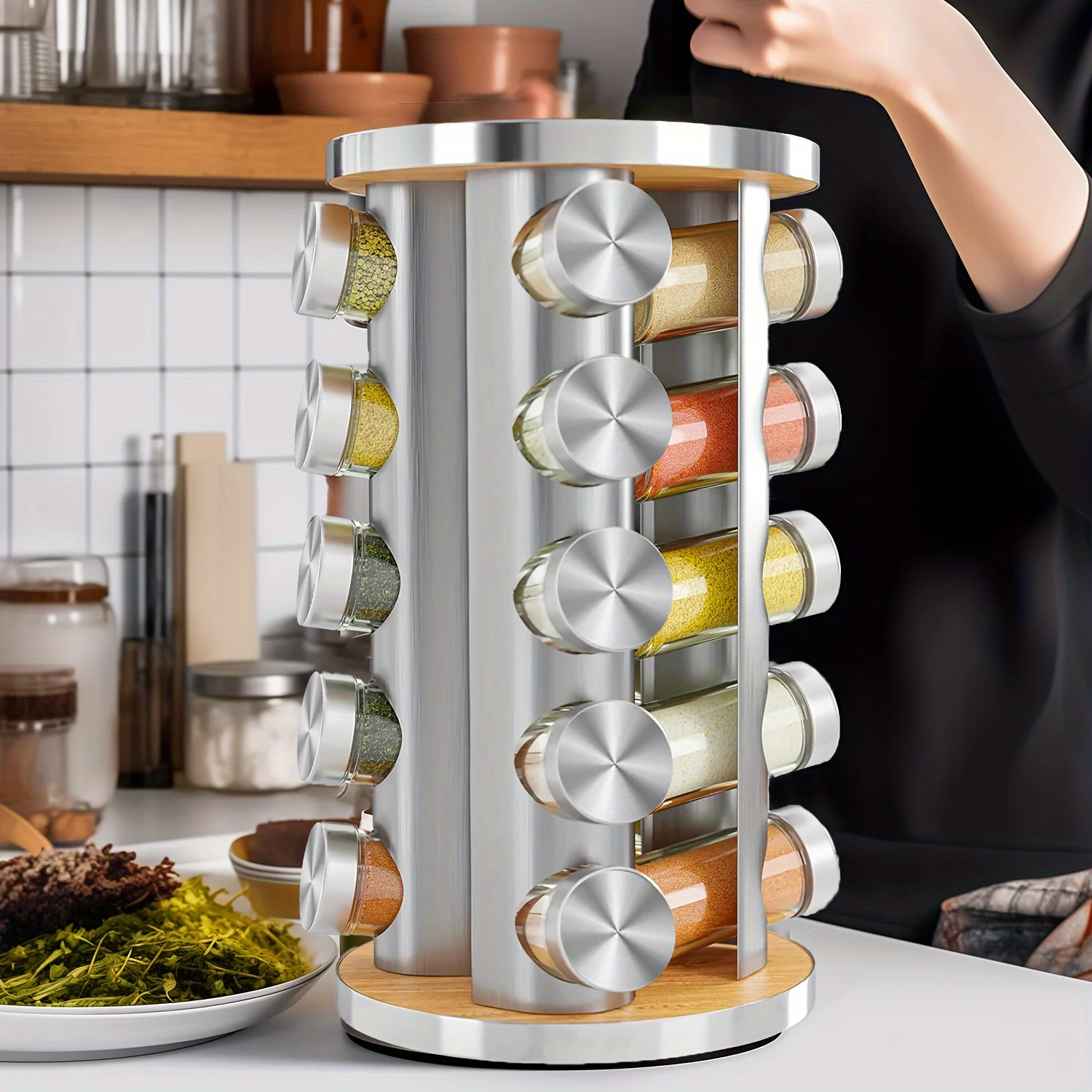 20-Jar Spice Rack Organizer with 360&deg; Rotating Base-Stainless Steel & Glass, Space-Saving Kitchen Countertop Storage
