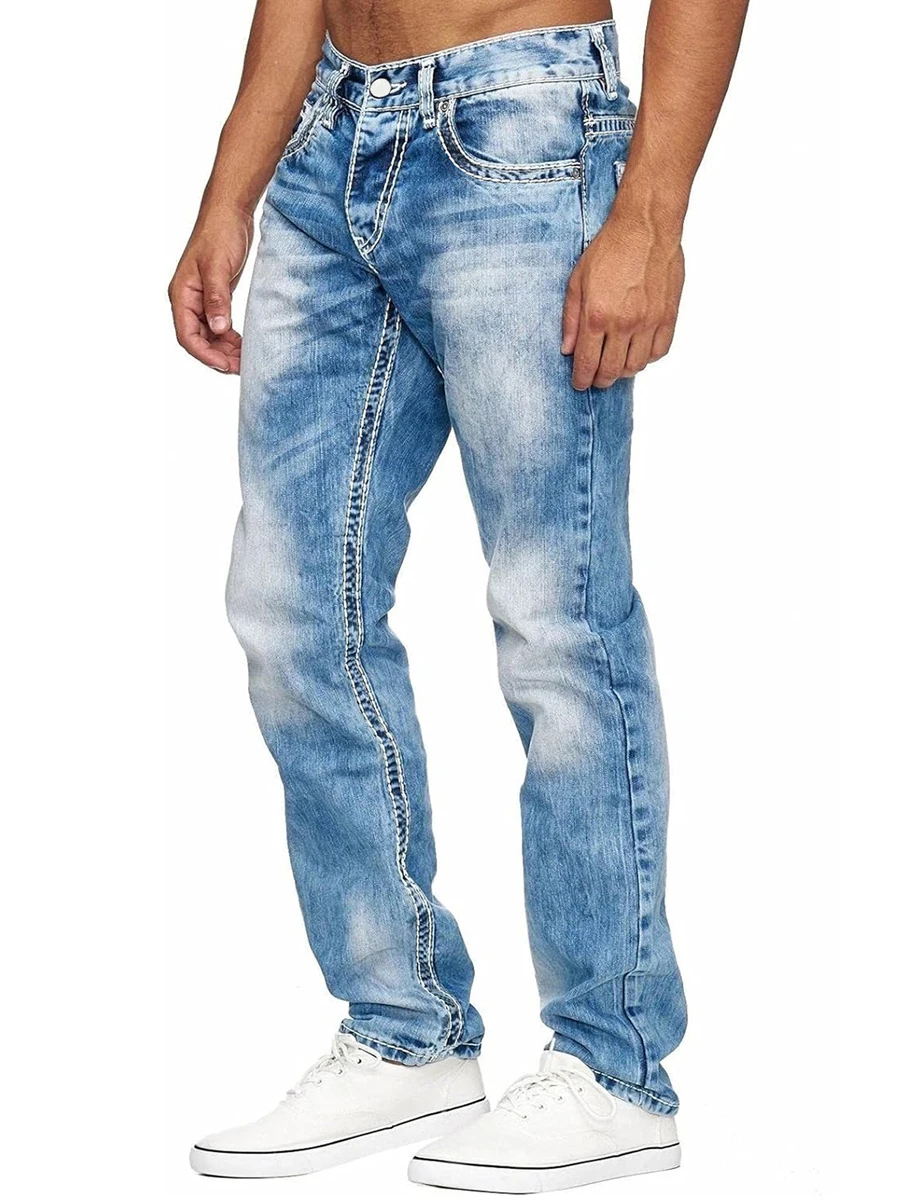 Men s Vintage  Fit Jeans Faded Washed Denim Trousers with Ripped Holes and Frayed Hem Casual Streetwear Bottoms