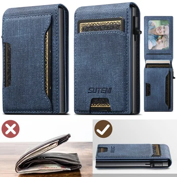 Porta Carte a Scomparsa in Pelle Sintetica di Alta Qualità, Grande Capacità, Può Contenere 1-12 Carte e 1 Foto, Nero/Marrone/Blu