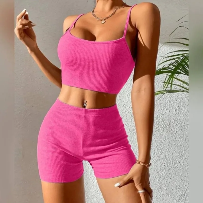 2023 Women Tracksuit Crop Tops+Elastic Bike Shorts Sporty Matching Suits Casual Female OutfitSolid Asymmetrical Two Piece Sets