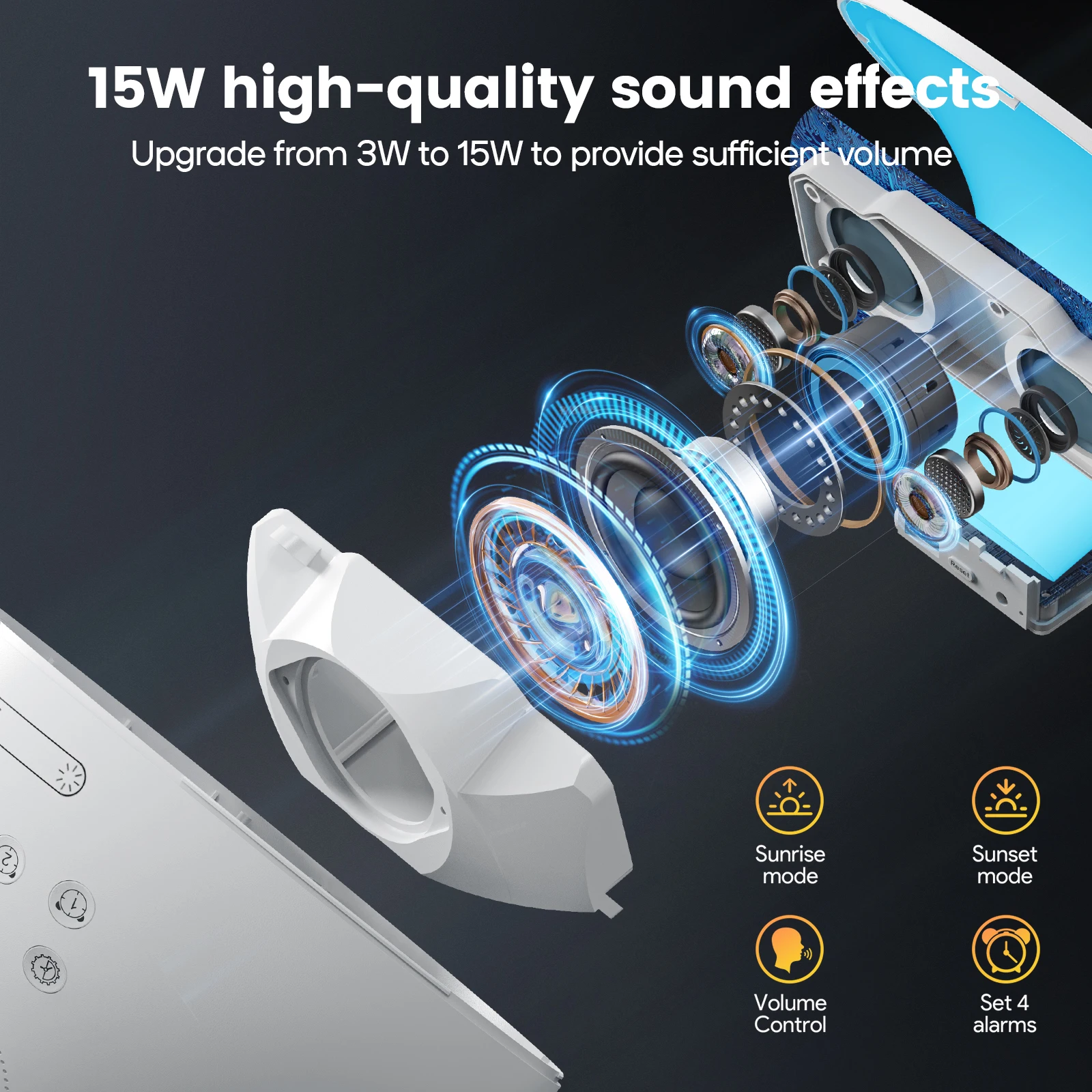 15W Bluetooth Speaker with Smart Wake Up Light FM Radio BT5.3 RGB Color Changing Atmosphere Bedside Lamp Alarm Clock WISETIGER