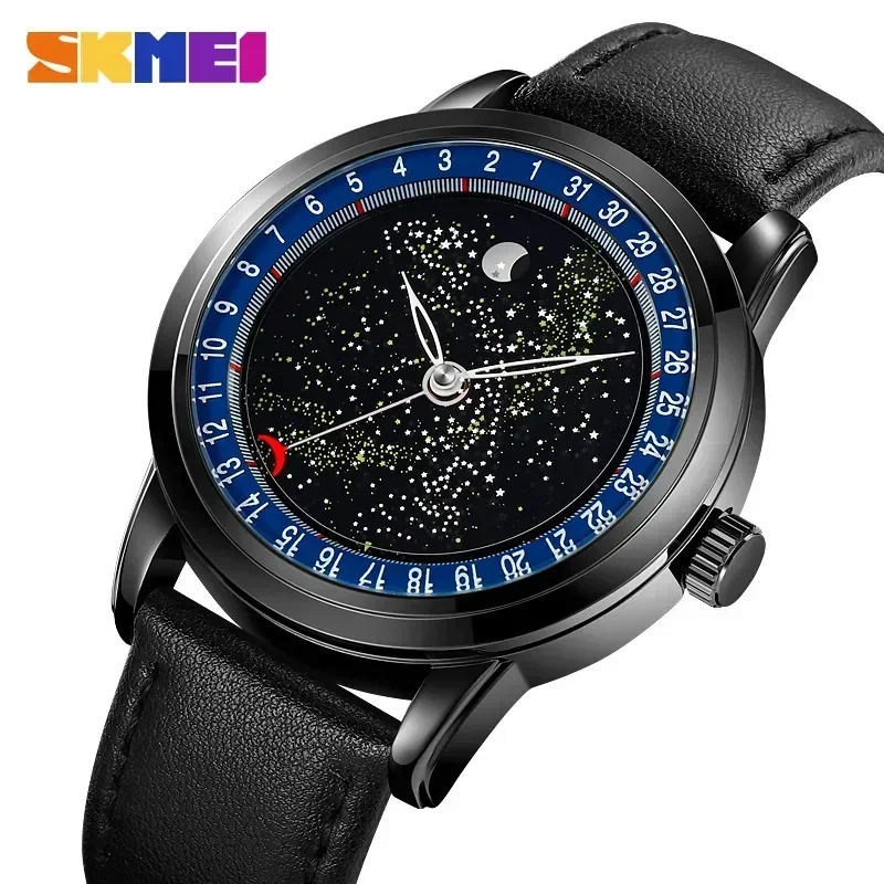 

SKMEI Quartz movement Fashion Starry Sky Moon Phase Watches Mens Casual Genuine Leather Strap Date Wristwatch reloj hombre 2116