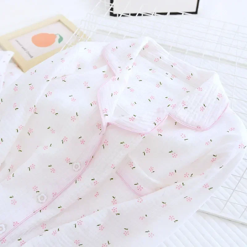 

And Pajama Set Sleeve 2pcs Full Home Shirt Cotton Spring Gauze Homewear Fall Casual Print Sleeping Wear Fdfklak Loose