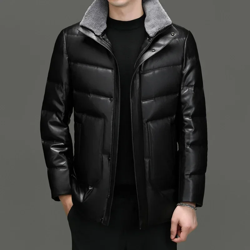 

down Leather Feather Coat New Fashion Young Men's Jacket with Extra Thick Fur Collar Sheep Skin