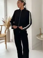 HH 2024 Female Street Trendy Trousers Suits Lapel Zipper Cropped Jackets+Elastic Waist Wide Leg Long Pants Causal Autumn Set - Image 3