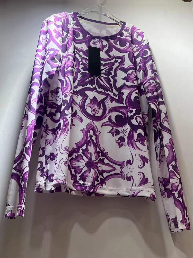 Maglia da donna a maniche lunghe con ricamo floreale in rete, elegante camicetta corta a maniche lunghe, alla moda, trasparente, scollo rotondo, Blu, L