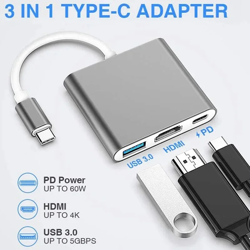 3 IN 1 USB C to HDMI-Compatible Adapter USB 3.1 Hub Type C Charging Converter for Samsung S23 Ultra Huawei Xiaomi Laptop Macbook