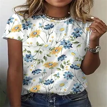 Women's Floral Round Neck Shirt Casual Short Sleeve O-Neck Oversized Casual Daily T-Shirt Summer New White Top