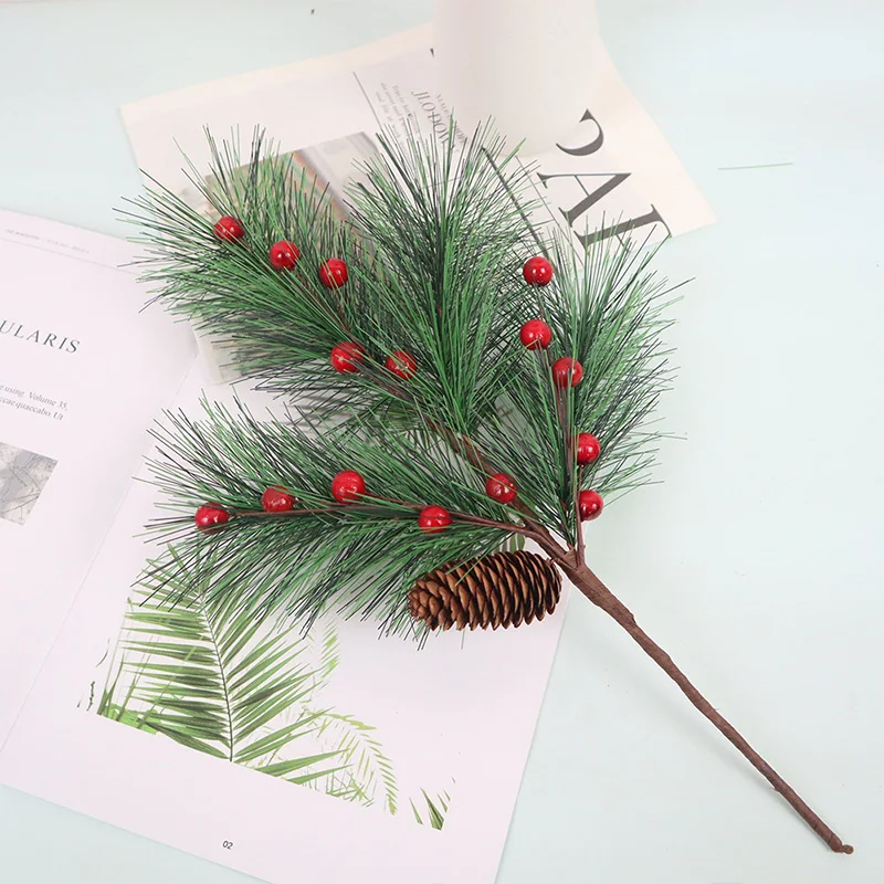 

1pc Faux Pine Flower Xmas Craft Christmas Tree Pendant Artificial Red Berry Holly Branches Christmas Sprigs Twigs