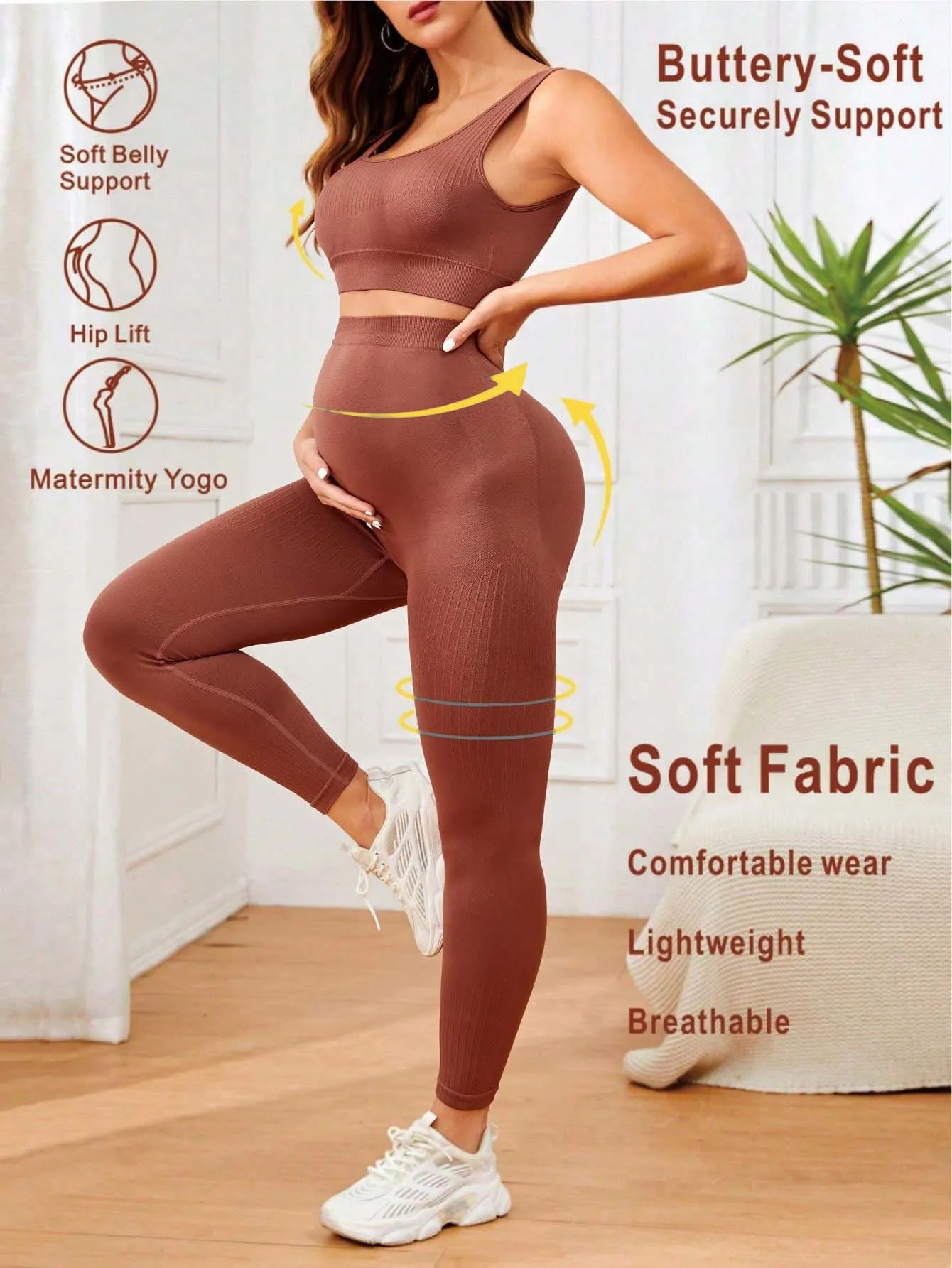 JOYNCLEON Maternity Activewear Set Seamless High-Waist Belly Support Sports Bra and Leggings Quick-Dry Fabric