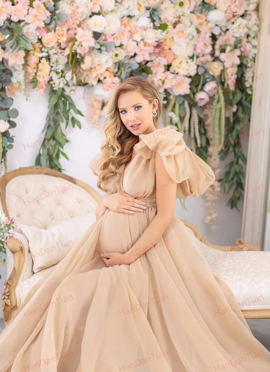 Chiffon V Neck Maternity Dress Robe for Photoshoot Maternity Pregnancy Baby Shower Sheer Puffy Gown