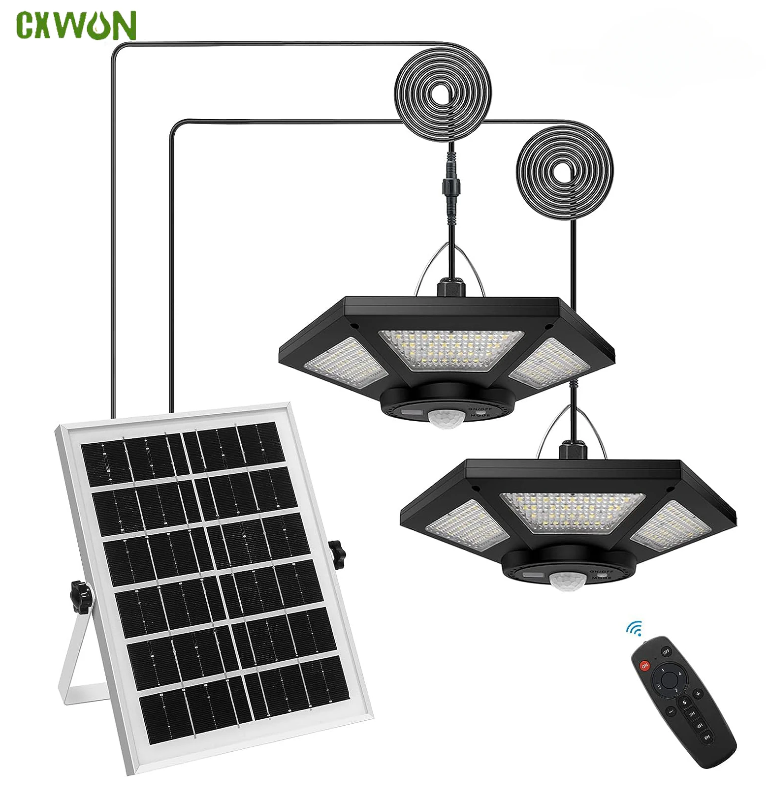 Dual Head Solar Shed Lights with Motion Sensor Outdoor Indoor LED 5M Line Pendant Light Remote for Barn Garage Garden Home Lamp